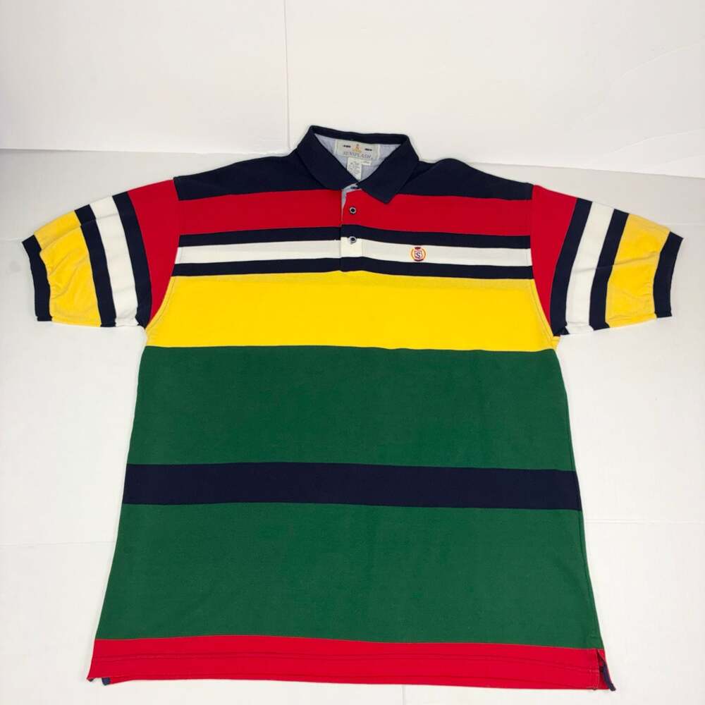 Vintage Sunsplash Multi-Color Striped Short Sleeve Polo Men Shirt XL